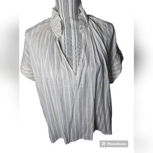 Banana Republic women's beige/white stripe short-sleeved ruffle neck top size L